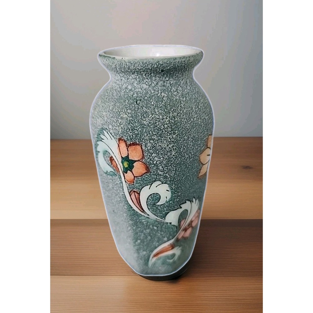 Vintage 1960s Vase Hand-Painted Celadon Green & Floral‎ 4.75" Imported MCM Retro